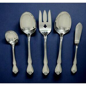 5 Oneida Serving Utensils Spoon Sugar Meat Fork Butter Knife True Arbor Rose VTG